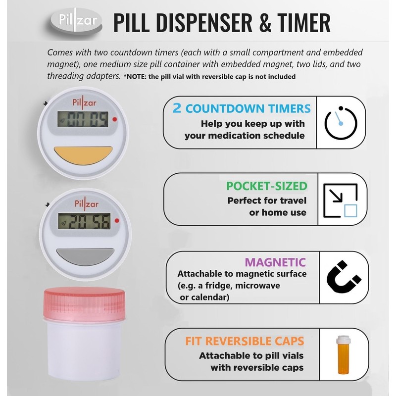 Pillzar Portable Pill Organizer Dispenser with Timer Cap for Medication,