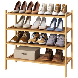 kiplant 4-Tier Shoe Rack for Entryway, Bamboo Wood Shoe Rack 4-Tier, Stackable Shoe Organizer for Closet, Free Standing Shoe Racks for Indoor & Outdoor
