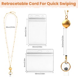 Retractable Lanyard with ID Holder, 3 Pcs Stainless Steel Beaded Badge Lanyard with 6 Waterproof Cardholder Nurse Teacher Necklace Lanyards for Women Men Office (Black, Gold, Silver)