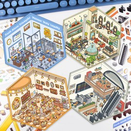 4 Sets Bear 3D Sticker Scene 3D House Stickers with Tweezers Make Your Own Town 3D Miniature Scene Stickers