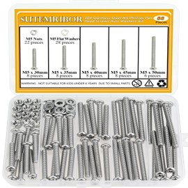 88 Pieces M5 x 30/35/40/45/50mm Machine Screws Nuts Washers Set, Sutemribor M5 Long Screws, M5 Phillips Pan Head Machine Screws Nuts Washers Assortment Kit, 304 Stainless Steel, Fully Threaded