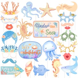 Sursurprise Under the Sea Photo Props, 24 Pieces Ocean Photo Props, Sea Animal Photo Stand Props, Ocean Themed Party Decorations Under the Sea Party Accessories for Birthday Baby Shower