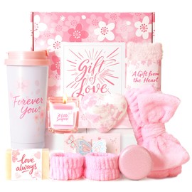 Birthday Gifts for Women - Cherry Blossom Spa Gift Box with Tumbler, Self Care Package for Mom Wife Sister Friend Grandma, Thank You Relaxation Basket for Mother’s Day Valentine’s Day Christmas (Red)