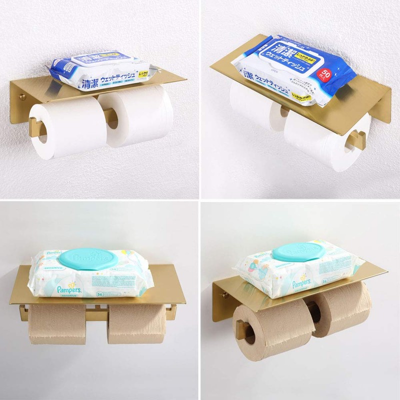 Double Toilet Paper Holder with Shelf Brushed Gold, APLusee SUS