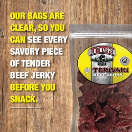 Old Trapper Beef Jerky, Teriyaki 8-Ounce Individual Pack, Tender Meat Snack for Lunches or Between Meals, 11 Grams of Protein, Zero Grams of Fat, and 70 Calories per Serving (Pack of One)