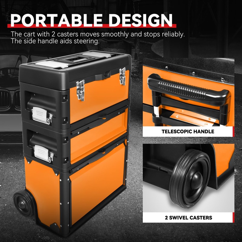 Auto Dynasty Stackable Tool Box 3-Tier Tool Separate Organizer Rolling