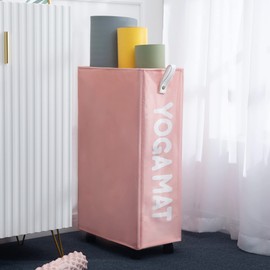 Twira Yoga Mat Storage Racks, Home Gym Storage Rack for Foam Roller, Yoga Strap and Resistance Bands, Workout Equipment Corner Yoga Mat Holder with Wheels（Pink）