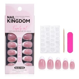 32 piezas de uñas postizas con punta francesa, cortas, almendradas, color rosa nude, brillantes, de cobertura total, acrílicas, para pegar, para mujer
