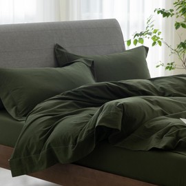 ELIMMO Bedding Duvet Cover Set Linen Like Texture 100% Cotton 3 Pieces with Zipper Closure Super Soft Cozy Breathable Natural Dreamy Chic Feel (Hemmed Olive Green, Queen)