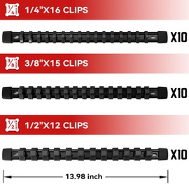 ALOANES 30 PC ABS Socket Organizer, 1/2 inch, 3/8 inch and 1/4 inch Drive Socket Rail Holders, Heavy Duty Socket Racks, Black Rails with Black Clips