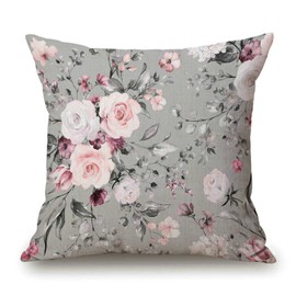 Floral Farmhouse Decor Family Decoration Gray and Pink Flowers Cotton Linen Home Decorative Throw Pillow Case Cushion Cover for Sofa Couch, 18 x 18 in