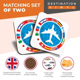 Great Coasters (Set of 2) Square/Glossy Quality Coasters/Tabletop Protection for Any Table Type - World Traveler Flags Plane Travel Icon #4348