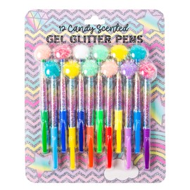 VOTUM Colored Gel Pens for Kids - Candy Scented 12 Piece Set - Medium Point Tips with Colorful Glitter Pom Poms