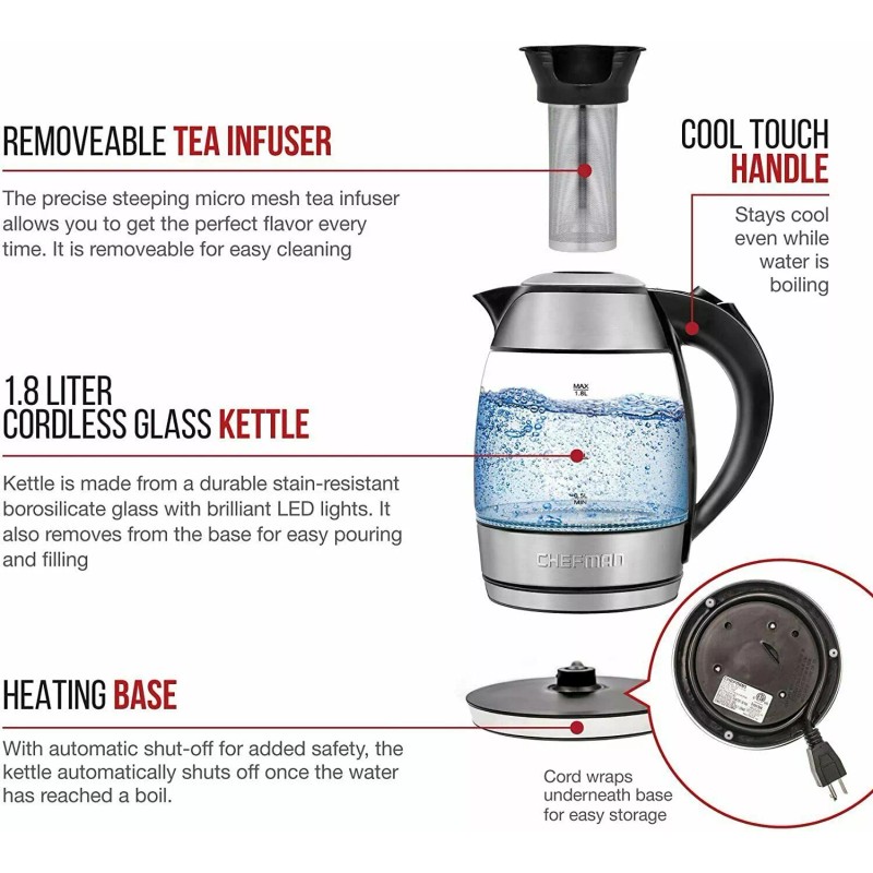 Chefman, Cordless Glass Electric Kettle Boil Water Tea Infuser