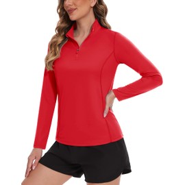 TACVASEN Women's Quarter Zip Pullover Athletic Tops Long Sleeve UV Protection Shirts Rash Guard Quick Dry Red, S