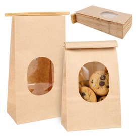 Bakery Bags with Window, 100Pcs, 5.1x2.75x9.6 in, Kraft Paper, Reusable