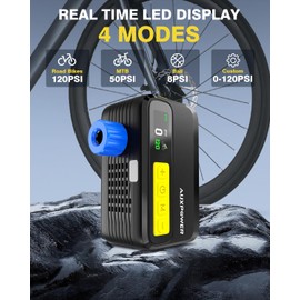 Auxpower New Electric Bike Pump-Mini Portable Bike Tire Pump with Gauge, 120PSI Portable Bicycle Pump Fast Inflation, High-Performance Air Pump for Bike Tires and Balls (Presta & Schrader)