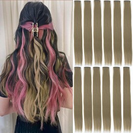 GZVIS 12 Pcs Green Wood Grey hair extensions 22 Inch Straight colored hair colorful clip in extensions Highlight Party for Kids Girls and Women Gift(Green Wood Grey,41)