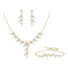 Crysdue Bridal Jewelry Set for Wedding, Marquise Cubic Zirconia Necklace Dangle Drop Earrings Link Bracelet for Women 14K Gold
