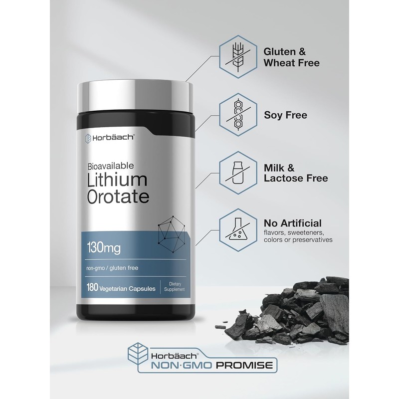 Horbäach Lithium Orotate 130mg | 180 Capsules | Non-GMO, Gluten