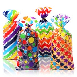 Alimat PluS Rainbow Cellophane Treat Bags 4.9×10.6 Inches, 50 Pieces Plastic Clear Bags for Treats, Cookie Bag with Twist Ties