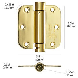 Sophia Self-Closing Door Hinge 3.5 Inch Rounded 5/8 Radius Interior, Spring Loaded Hinge Adjustable Tension for Garage Residential Standard Bedroom Indoor Doors, 2 Pack, Polished Brass