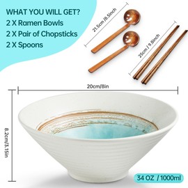 mehrido Ceramic Ramen Bowl Set, 2 Sets 34 Ounces Large Japanese Noodle Soup Bowls with Spoons and Chopsticks for Soup Udon Soba Pho Asian Noodles Pasta Salad