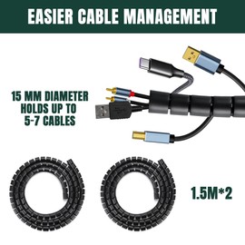 Self-Closing Cable Sleeve, Black, 2 Pieces, 1.5 m, Diameter 16 mm + 22 mm, Flexible Cable Duct with 20 x Cable Ties, 5 Cable Clips, 1 Wire Guide Clip, Cable Management for Desk, TV, Computer