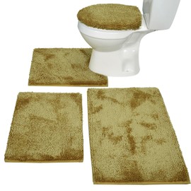 Madeals Chenille Bath Rug Set 4 Piece with Toilet Lid Cover and Rug Set Combo, Soft Shaggy Bath Rug Set 3 Piece and U-Shaped Toilet Floor Rug Gold