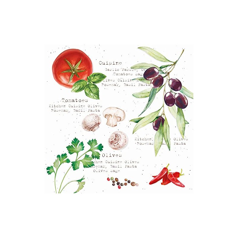 20 Napkins Ingredients for Cooking, Tomatoes, Olives, Herbs, Mushrooms, Table