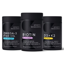 Sports Research Sports Research Vegan Biotin 10,000 mcg 120 Softgels, Triple Strength Omega 3 Fish Oil 1250 mg (90 Count) and Vegan Vitamin D3 (5000iu) + K2 (100mcg Mk7) 60 Softgels
