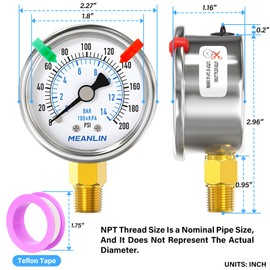 MEANLIN MEASURE 0~200Psi Dry Pressure Gauge Stainless Steel 1/4" NPT 2" FACE DIAL Waterproof for Air Compressor Air Regulator Water Filter Lower Mount (with 2PCS Snaps)