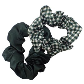 Topkids Accessories 2pc Gingham and Plain Small Scrunchie Set, School Uniform Hair Accessories, Girls, Ladies Ponytail Holder, Dia. 8cm/3.15" (Bottle Green)