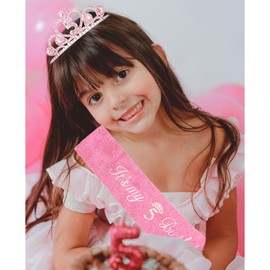 CIEHER 5th Birthday Crown + It's My 5th Birthday Sash + Pearl Pin Set, 5th Birthday Decorations Girl 5th Birthday Gifts for Girls Happy 5th Birthday Party - Pink