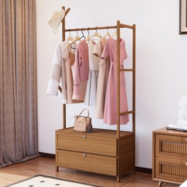 mopak Clothing Rack with Shelves,27.6inch Width Bamboo Clothes Rack, Tawny Clothes Rack Hanging,Solid Thickened Garment Rack with Drawer (27.6inch Width)