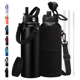 BENZZO Stainless Steel Water Bottle 40oz with Straw & Auto Spout Lids, Paracord Handle, Protective Boot, Insulated Water Bottle Carrier Bag, Keep Cold-48H & Hot-24H Metal Flask Canteen Bottle