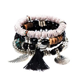 QKEPCY 4pcs Bracelet Set with Tassels Wrap Bracelet with Natural Stone Beads Boho Multilayer Women's Bracelets Marble Bracelet with Heart Beads Hand Chain Adjustable for Women and Girls, Stone stone