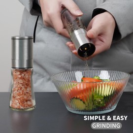 Bunchtou Salt and Pepper Grinder Set of 2 - Adjustable Sea Salt Grinder, Pepper Mill Grinder, Salt and Pepper Shakers - Small Salt and Pepper Grinder Set with Stainless Steel Cap and Glass Container