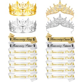 Ferreve 14 Pcs Homecoming Party Prom Sashes Set Include Homecoming King Queen Prince Princess Sashes Homecoming Court Sash with Pins, 4 Metal Crown for Men Women Crown School Party Accessories