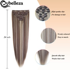 Cybelleza 24" Hair Extensions Clip in Long Straight Clip in Hair Extension Ombre 8PCS Full Head Set Synthetic Hairpieces for Women (Light Brown & Bleach Blonde)