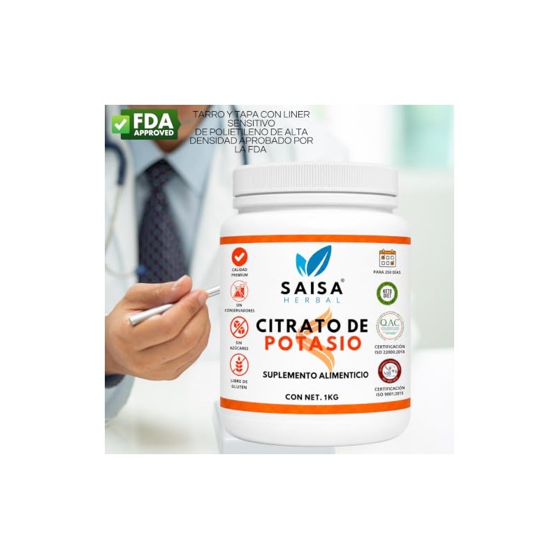 Citrato de potasio 1 Kg. 100% Puro, grado alimenticio
