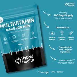 Hybrid Health Multivitamin for Men - 6 Months Supply, 180 Vegan Tablets, 20+ Essential Active Vitamins and Minerals Including Vitamin C, Vitamin D, Vitamin K and Full Vitamin B-Complex, 180 Servings