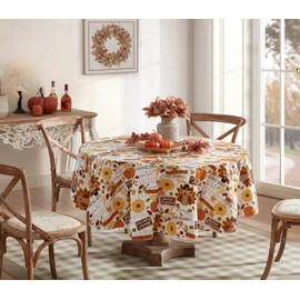 Newbridge Happy Thanksgiving Turkey Vinyl Flannel Backed Tablecloth, Whimsical Fall Harvest Kitchen Dining Room Easy Care Vinyl Tablecloth with Flannel Backing Tablecloth, 70” Round