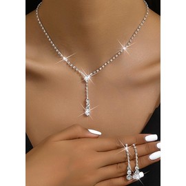 Fiosunia Wedding Jewelry Set for Women Silver Rhinestone Crystal Y Necklace Drop Earrings for Brides Bridesmaid Wedding Party Prom Costume Accessories