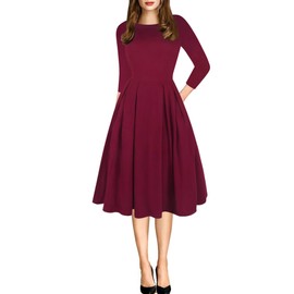 oxiuly Women's Vintage Patchwork Pockets Puffy Swing Casual Party Dress OX165 (Wine Solid 7f, x_l)