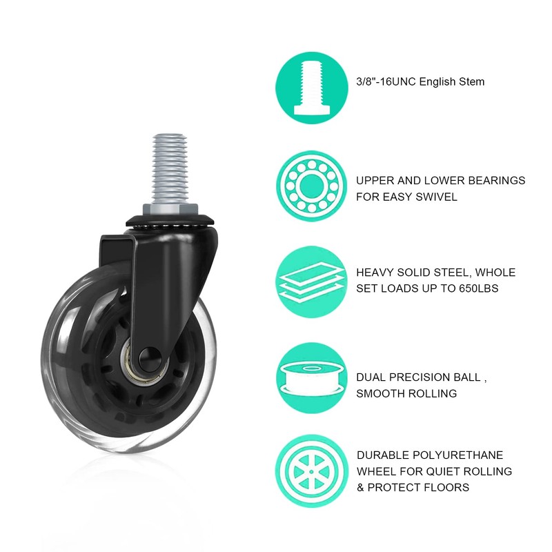Hirate 3" Office Chair Casters Wheel with 3/8"-16UNC Threaded Stem