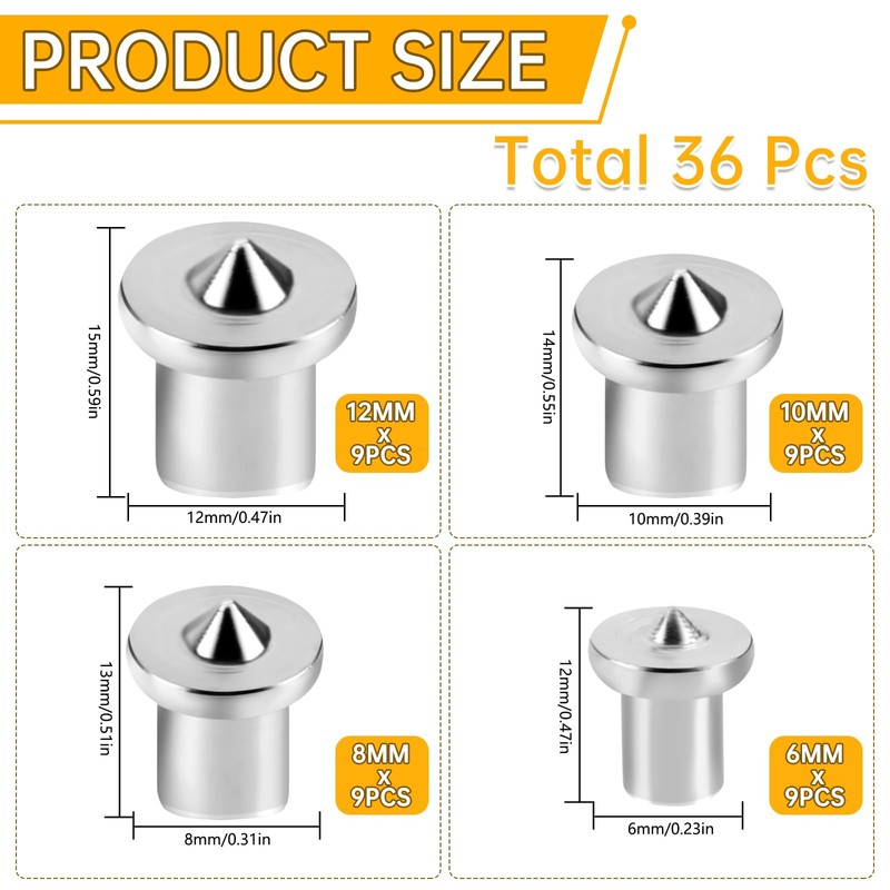 Pack of 36 Centring Tips, Wooden Dowel Centring Tips, 6/8/10/12