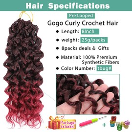 New Gogo Curl Crochet Hair Pre Looped 8 Packs Pre Twisted Curly Crochet Hair for Black Women Beach Curl Wave Crochet Synthetic Hair Extensions (8 Inch (Pack of 8) TBUG#）