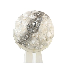 Lillian Rose Brooch Bouquet with Off White Satin Roses, 8.5" x 10" x 8.5", Ivory