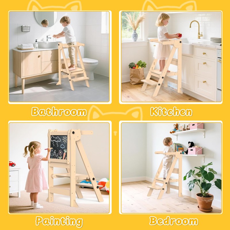 Foldable Toddler Tower, Wooden Toddler Kitchen Stool with 3 Adjustable